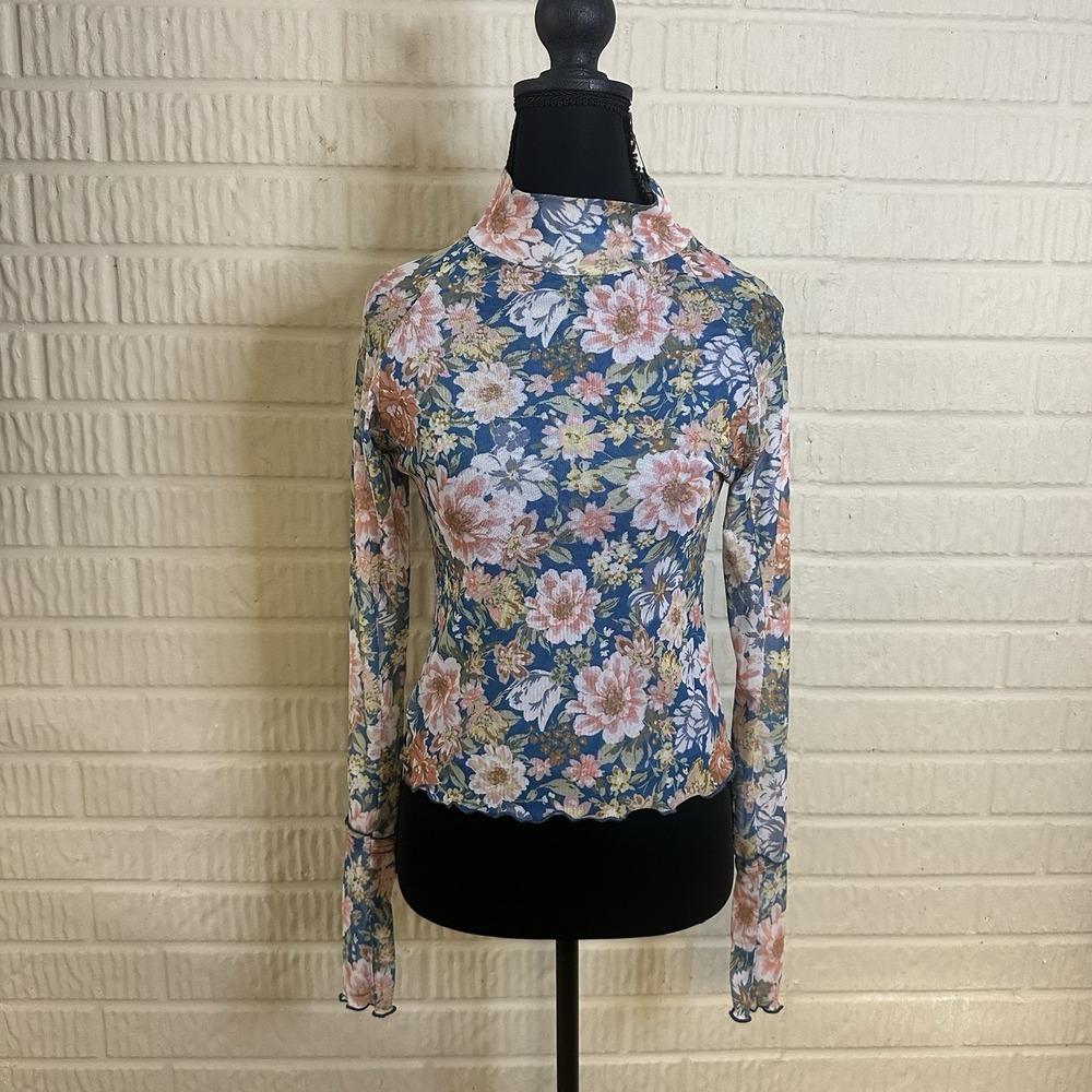 Magnolia Boutique Blue Floral Sheer Mesh Top Mock Neck S Boho Indie Y2K Coquette